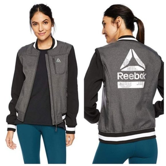 Reebok Jackets & Blazers - Reebok Size Small Gray & Black Soft Shell Bomber Varsity Jacket Back Logo